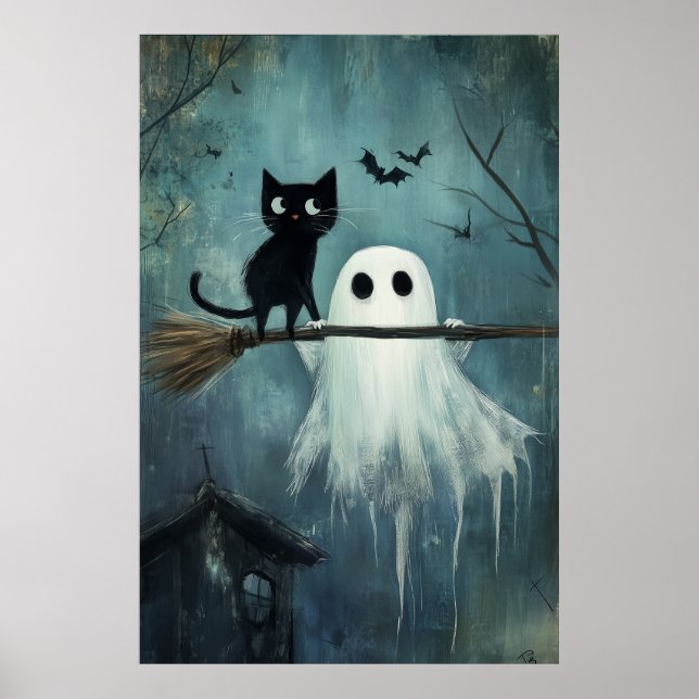 Halloween Cat and Ghost Flying on Broom Poster (Vorne)