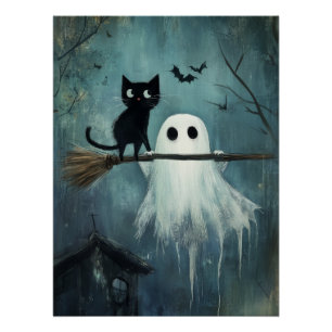 Halloween Cat and Ghost Flying on Broom Poster