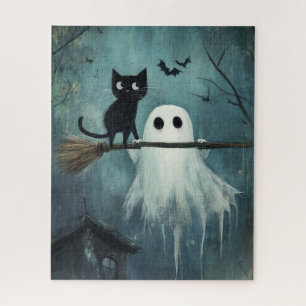 Halloween Cat and Ghost Flying on Broom Puzzle