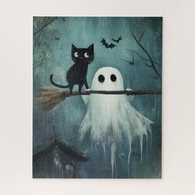 Halloween Cat and Ghost Flying on Broom Puzzle (Vertikal)