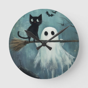 Halloween Cat and Ghost Flying on Broom Runde Wanduhr