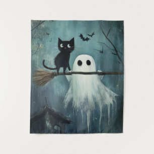 Halloween Cat and Ghost Flying on Broom Wandteppich