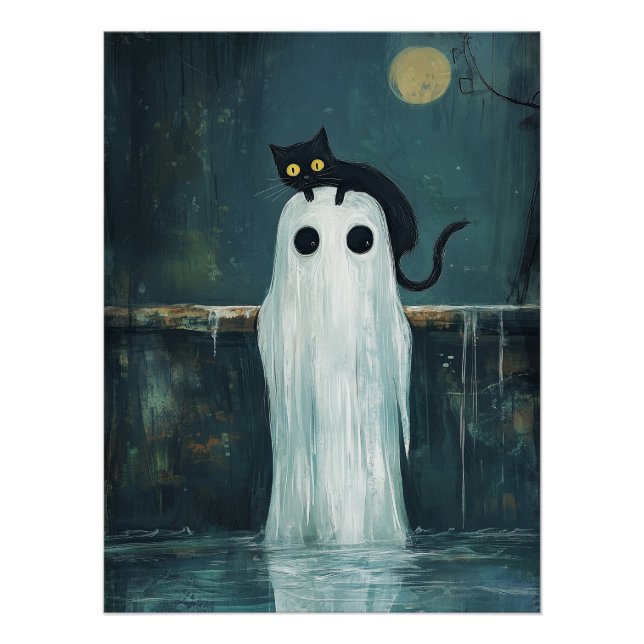 Halloween Cat and Ghost in Pool Poster (Vorderseite)