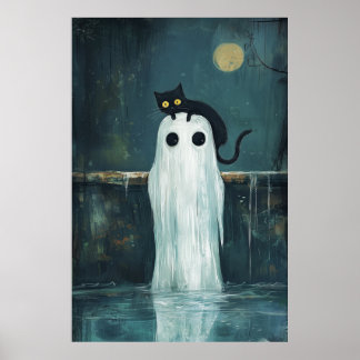 Halloween Cat and Ghost in Pool Poster