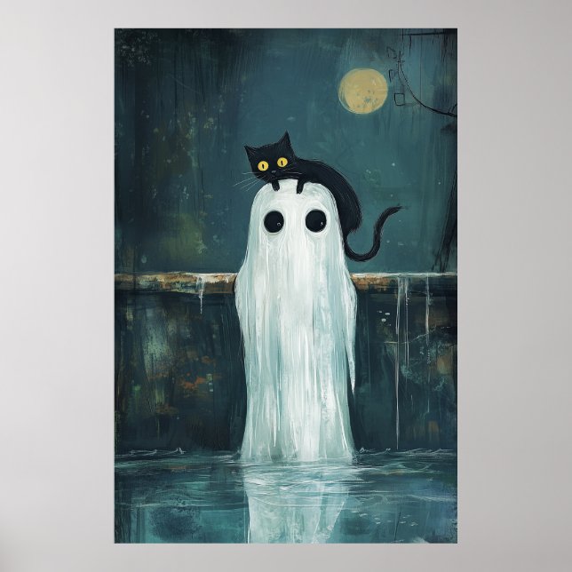 Halloween Cat and Ghost in Pool Poster (Vorne)