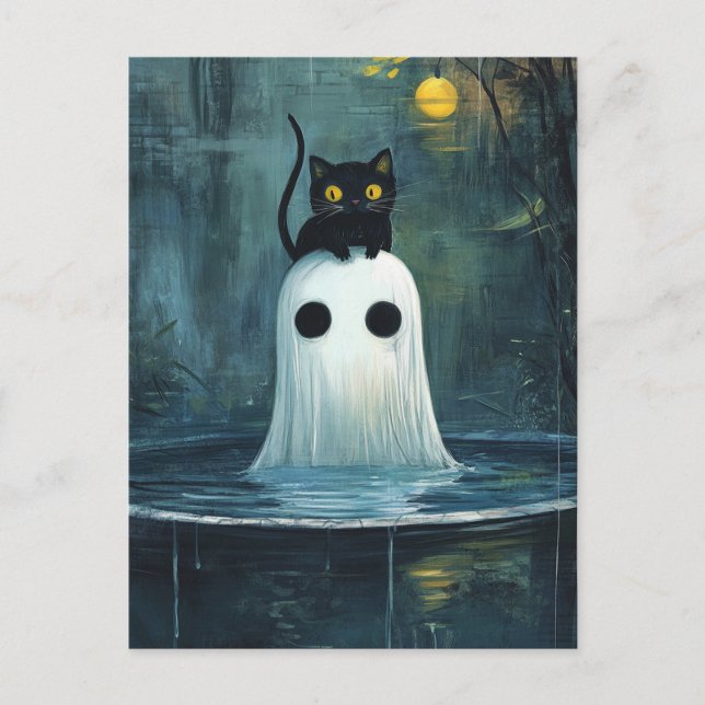 Halloween Cat and Ghost in Pool Postkarte (Vorderseite)