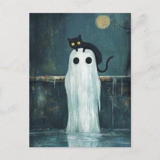 Halloween Cat and Ghost in Pool Postkarte