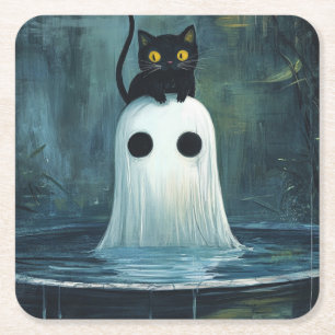 Halloween Cat and Ghost in Pool Rechteckiger Pappuntersetzer