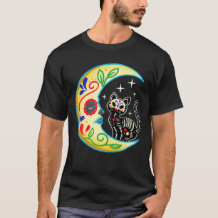 Halloween Cat and Moon Sugar Skull Dia de Los Muer T-Shirt
