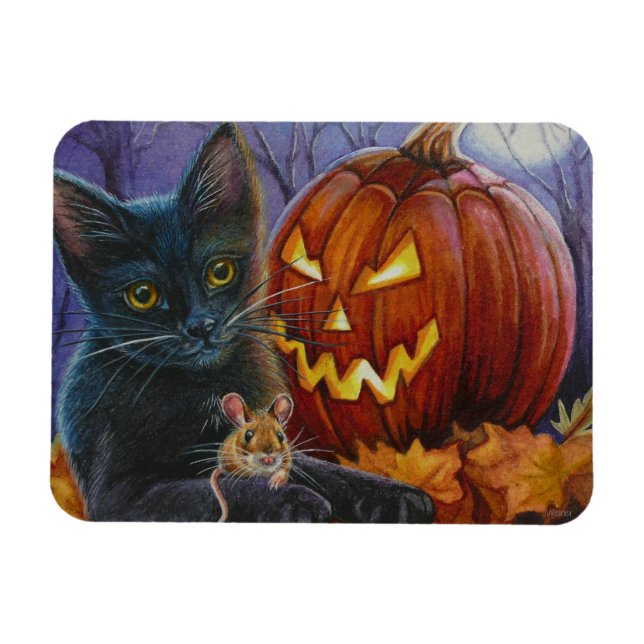 Halloween Cat and Mouse Nr. 2 Aquarellkunst Magnet (Horizontal)