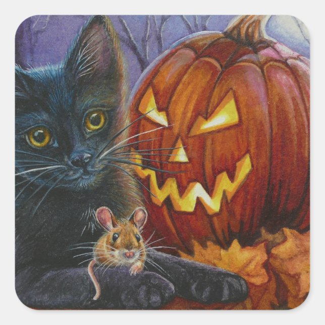 Halloween Cat and Mouse Nr. 2 Aquarellkunst Quadratischer Aufkleber (Vorderseite)