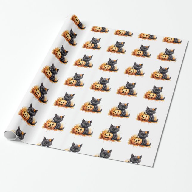 Halloween Cat and Pumpkin Wrapping Paper Geschenkpapier (Ungerollt)
