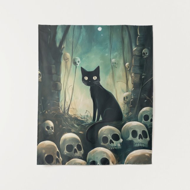 Halloween Cat and Skulls Wandteppich (Vorderseite)
