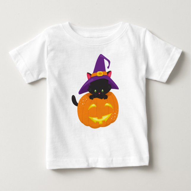 Halloween Cat, Black Cat, Hexenhut, Kürbiskus Baby T-shirt (Vorderseite)