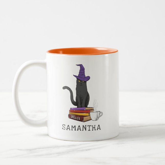 Halloween Cat Books Poet und Zauber Personalisiert Zweifarbige Tasse (Links)