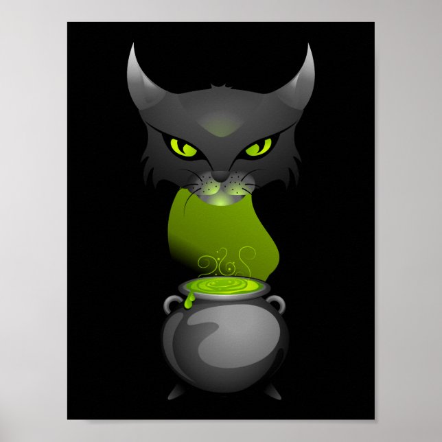Halloween Cat Cauldron mit grünem Stechen Poster (Vorne)