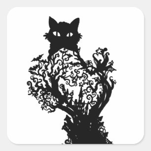 Halloween Cat Diorama mit Schlossternenbaum Quadratischer Aufkleber