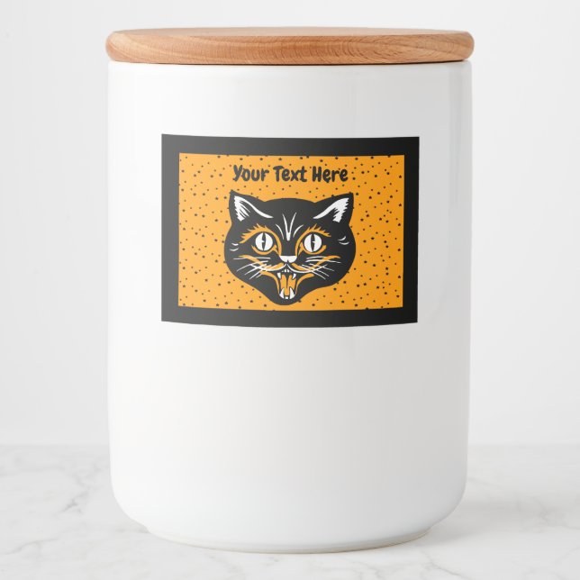 Halloween Cat Face Black Orange White on Stars Lebensmitteletikett (Vorderseite)