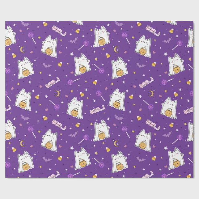 Halloween Cat Ghost Wrapping Paper Roll Geschenkpapier (Flach)