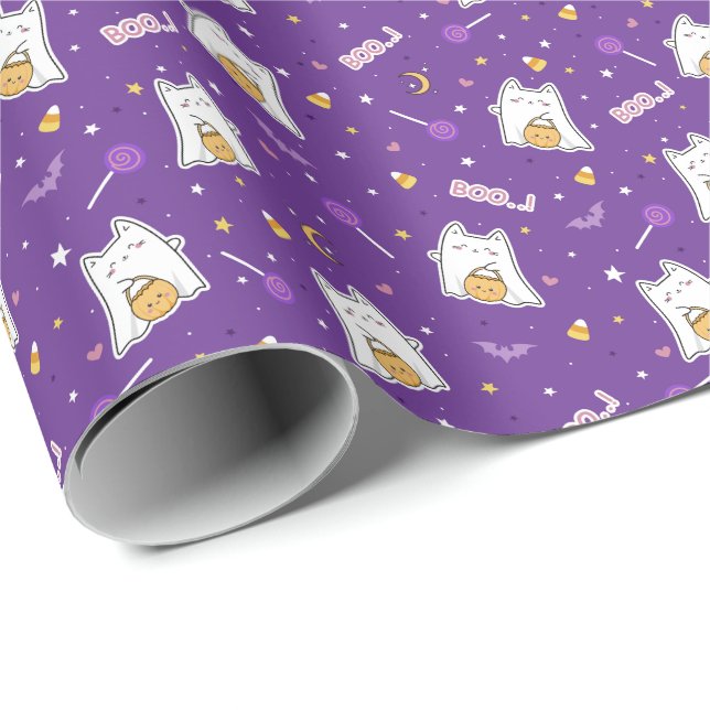 Halloween Cat Ghost - Wrapping Paper Rolle Geschenkpapier (Rolleneckpunkt)