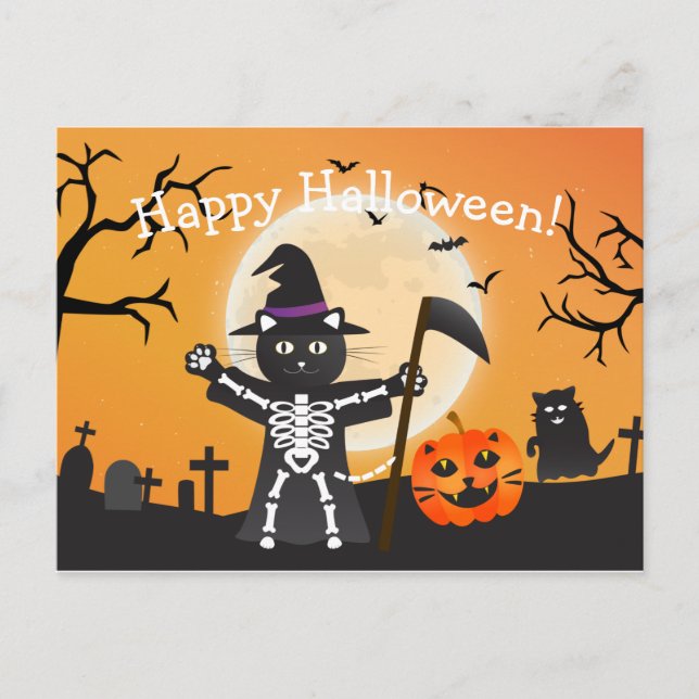 Halloween Cat Grim Sensenmann Postkarte (Vorderseite)