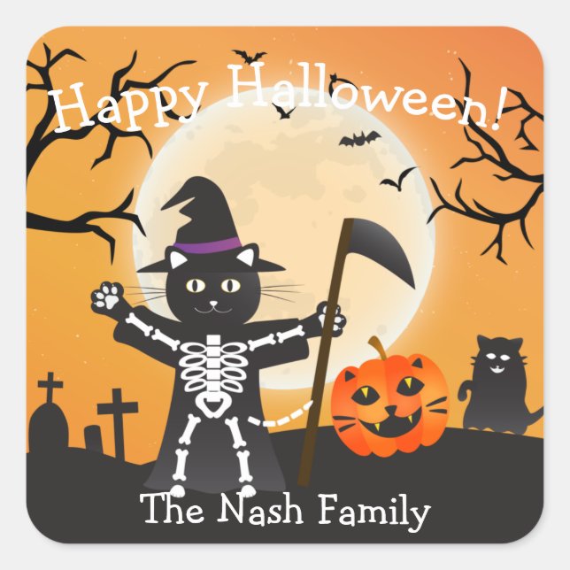Halloween Cat Grim Sensenmann Quadratischer Aufkleber (Vorderseite)