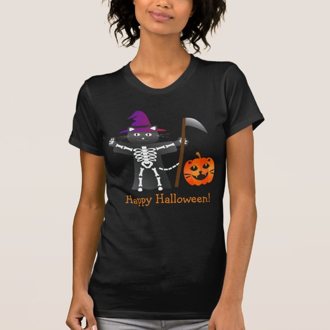 Halloween Cat Grim Sensenmann T-Shirt (Vorderseite)