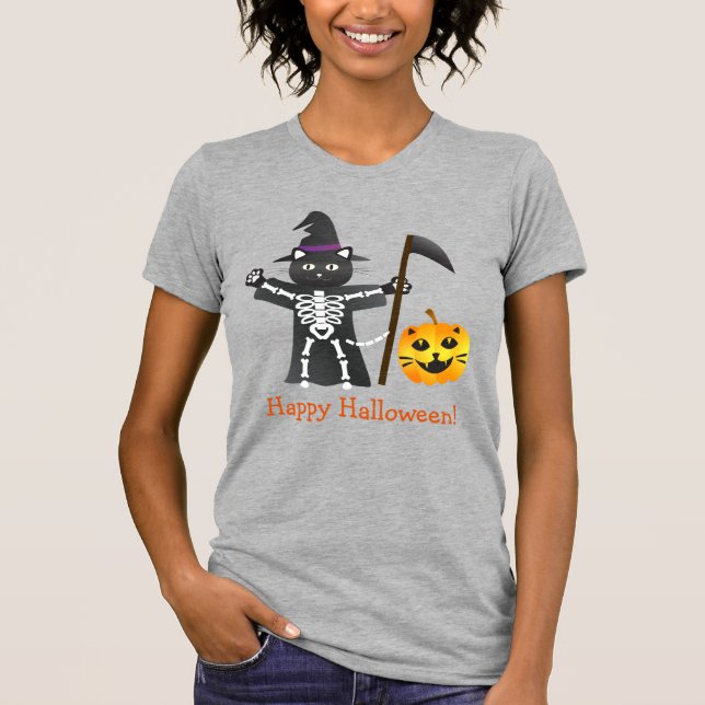 Halloween Cat Grim Sensenmann T-Shirt (Vorderseite)