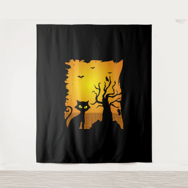 Halloween, Cat Happy Halloween Wandteppich (Vorderseite)
