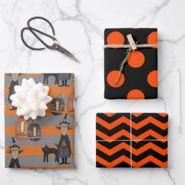 Halloween Cat & Hexe | Schwarze und orange Punkte Geschenkpapier Set