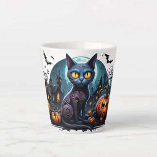 halloween cat im Hintergrund mit Kürbis und Fleder Milchtasse