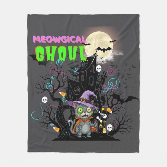 Halloween Cat "Meowgical Ghoul" Hexenkätzchen Fleecedecke (Vorderseite)
