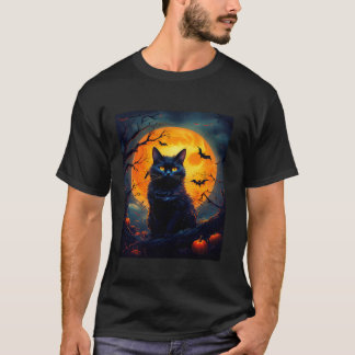 Halloween Cat Orange Moon and Bats and Beängstigen T-Shirt