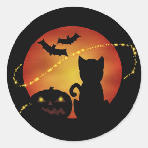 Halloween Cat Pumpkin and Bats Silhouette Scene Runder Aufkleber