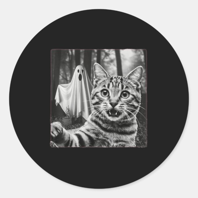Halloween Cat Selfie With Soky Ghost  Runder Aufkleber (Vorderseite)