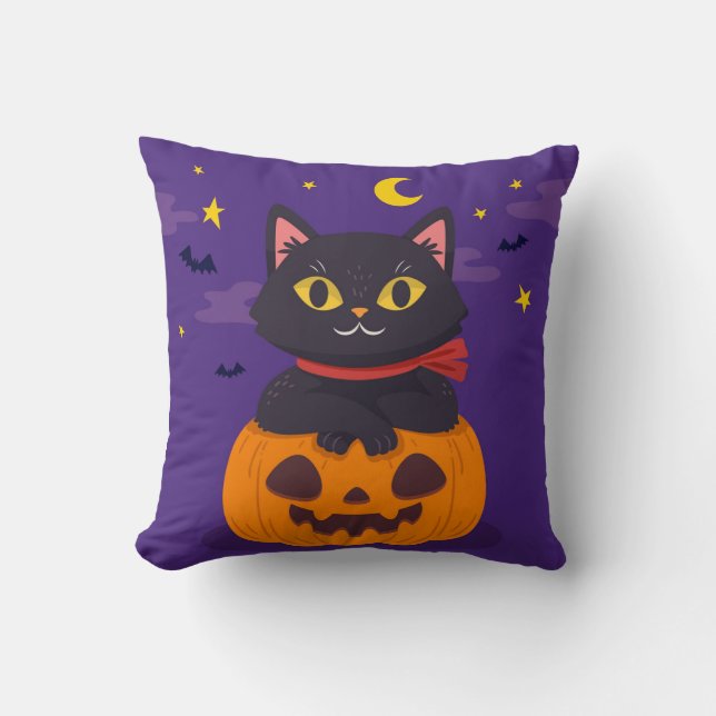 Halloween Cat Sitzen auf dem Pumpkin Moon Star Bat Kissen (Vorderseite)