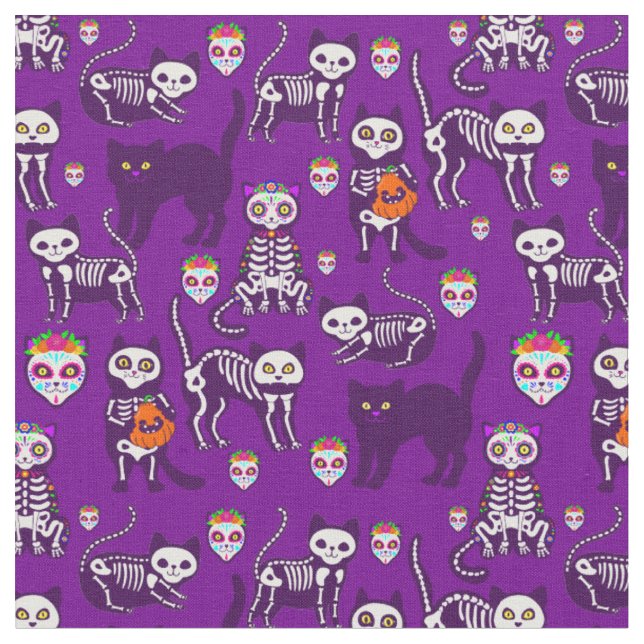 Halloween Cat Skelett lila Stoff (Nahaufnahme)