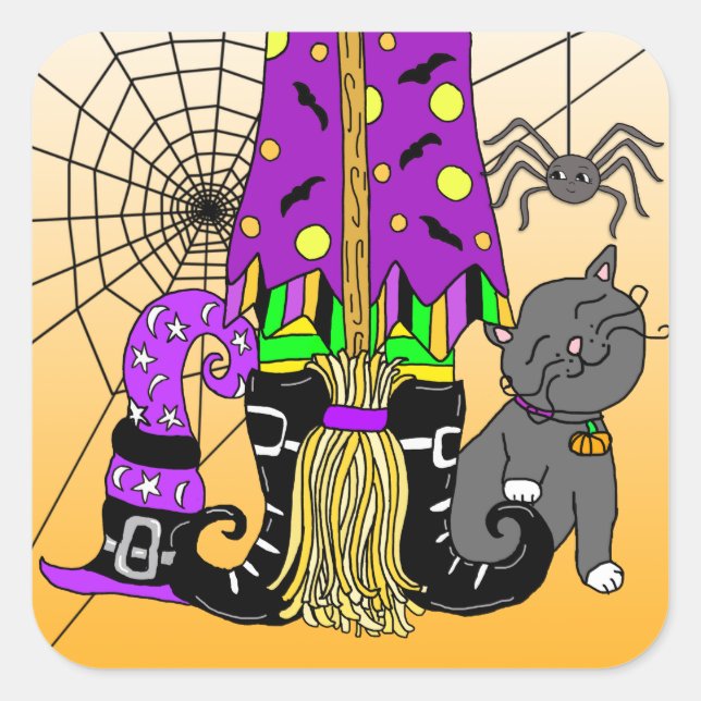 Halloween, Cat, Spider und Broomstick Quadratischer Aufkleber (Vorderseite)
