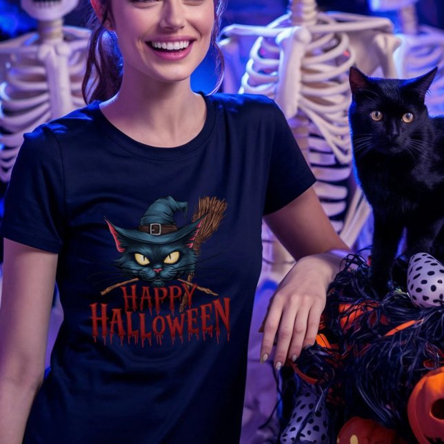 Halloween Cat - Spooky Witz Cat Design T-Shirt (Happy Halloween Cat Tshirt)