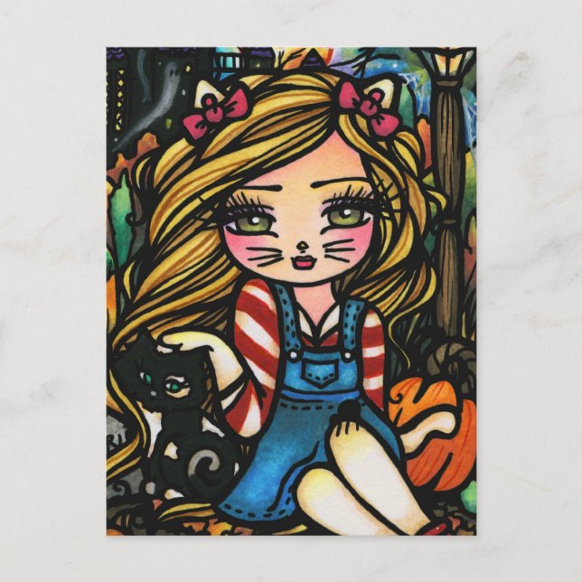 Halloween Cat Spuk House Girl Fantasy Art Postkarte (Vorderseite)