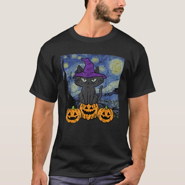 Halloween Cat Starry Night Costume Art Gogh Women  T-Shirt (Vorderseite)