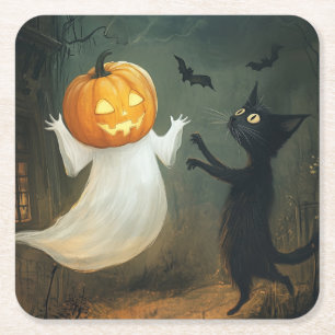 Halloween Cat und Ghost Rechteckiger Pappuntersetzer