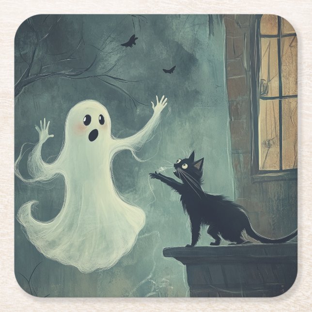 Halloween Cat und Ghost Rechteckiger Pappuntersetzer (Vorderseite)