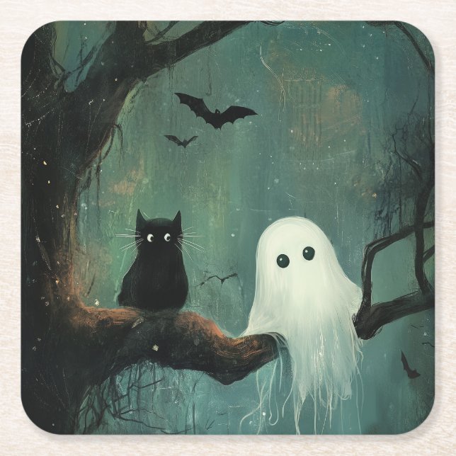 Halloween Cat und Ghost Rechteckiger Pappuntersetzer (Vorderseite)