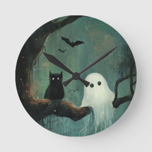 Halloween Cat und Ghost Runde Wanduhr
