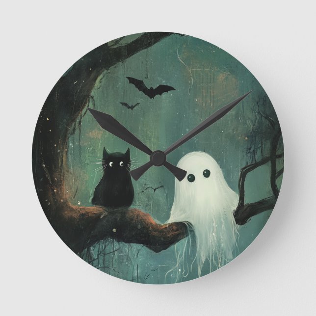 Halloween Cat und Ghost Runde Wanduhr (Vorderseite)