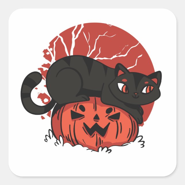 Halloween Cat und Kürbislaterne Quadratischer Aufkleber (Vorderseite)