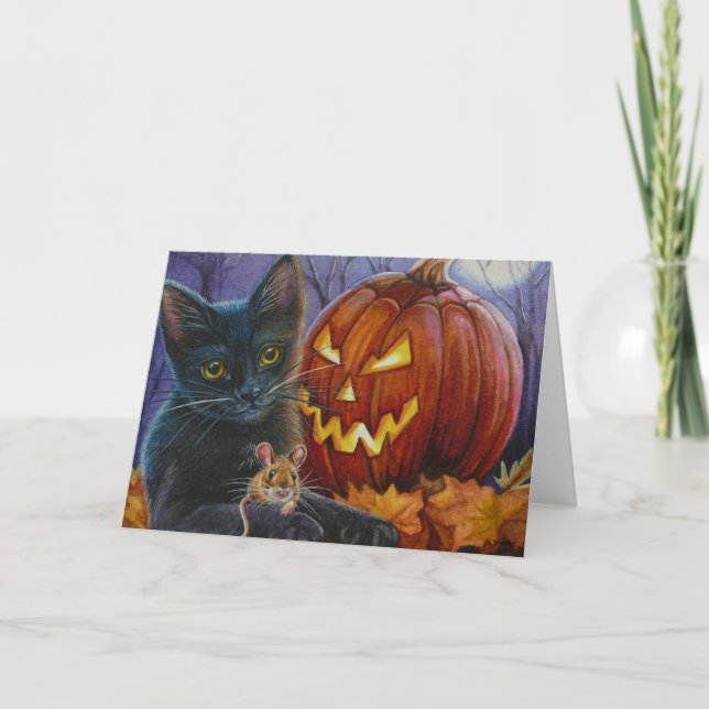 Halloween Cat und Maus Nr. 2 Wasserfarben Kunst Karte (Vorderseite)