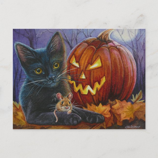 Halloween Cat und Maus Nr. 2 Wasserfarben Kunst Postkarte (Vorderseite)