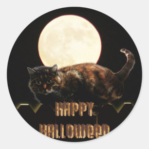 Halloween Cat und Vollmond Runder Aufkleber